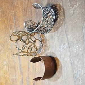 Three Cuff Style Bracelets, Etched Copper, Filigree Gold & Silver Colour